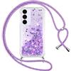 Vauki Cover per Samsung Galaxy S25 FE con Cordino, Trasparente Glitter Liquido Antiurto Brillantini Tracolla Custodia, Antiurto Antigraffio Silicone Bumper Laccio Protettivo Case, Viola
