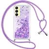 Vauki Cover per Samsung Galaxy A25 5G con Cordino, Trasparente Glitter Liquido Antiurto Brillantini Tracolla Custodia, Silicone Bumper Laccio Sabbie Donna Protettivo Case per Samsung A25, Viola