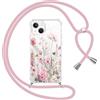 Gcxvaoi Cover con Cordino per iPhone 14/iPhone 13, Aesthetic Fiori Disegni Custodia con Collana Tracolla Laccio Corda, Trasparente Sottile TPU Silicone + PC Antiurto Case per iPhone 14, Rosa 01