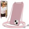 Jrkvniv Cover per iPhone 15 Plus con Cordino, Morbido TPU Silicone Case con Laccio Tracolla, Regolabile e Rimovibile, Antiurto AntiGraffio Case per iPhone 15 Plus, Rosa