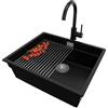 PRIMAGRAN Lavandino sottotop Nero 56x47cm, Lavello in Granito a 1 vasca + Rubinetto 32x20cm + Set di accessori, Lavabo da Cucina al Mobile 60cm - Prague Level S285