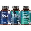 WeightWorld Creatina Monoidrata, BCAA 2:1:1, Omega 3 Olio di Pesce, Bundle, 240 Softgel + 270 Compresse + 180 Compresse, Omega 3 2000mg con EPA e DHA, Creatina Monoidrato 3000mg, Aminoacidi Ramificati 2000mg