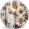 Horienteeon Orologio da parete rotondo in legno con girasole bianco rustico a batteria, silenzioso, senza ticchettio, 25 cm, decorazione rustica, orologio da parete per soggiorno, cucina, casa, bagno,