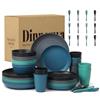 Wrova Set di posate in plastica, 48 pezzi, servizio per 8 piatti e ciotole infrangibili, tazze, forchette, cucchiai, microonde e piatti lavabili in lavastoviglie, per esterni, campeggio, nero e verde