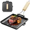GOEDCH Padella in Ghisa 24x24 cm Nera con Manico in Legno Pieghevole, Antiaderente, Quadrata per Barbecue con Beccuccio Versatore