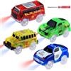 sikkeby Track Cars Magic, Confezione da 4 Giocattoli Illuminanti al Buio - Mini Auto della Polizia, Autobus, Scuolobus, Auto Sportiva Con 5 Luci Lampeggianti a LED per Bambini 3-8 Anni