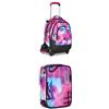 Seven Bundle Zaino Trolley Scuola 3 ruote, azzurro/fucsia + Astuccio Scuola Elementare, 1 Zip, con Matite, Pennarelli, Penne, Speed Pad, Bambina, Ragazza, viola blu