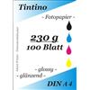 Tintino - Carta fotografica formato A4 per stampante a getto d'inchiostro, 100 fogli, 230 g/m?, extra lucida, waterproof, ad asciugatura rapida, per colori brillanti, colore: Bianco