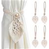 ANBOWEI Fermatenda Boho, 4 Pezzi Beige Corda Ferma Tende, Raccogli Tenda in Cotone, Fermatenda in Macramè Forma della Foglia, Fibbia con Perlina di Legno per Ferma Tende