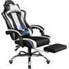Yaheetech Sedia da Gaming Ergonomica Massaggiante con Poggiapiedi Reclinabile Imbottiti in Finta Pelle, Poltrona Gamer da Scrivania con Poggiatesta e Supporto Lombare Ruote Girevole Bianco
