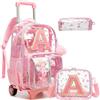 HTgroce Zaino Trolley Scuola Elementare Bambina Trasparente - Set 3 Pezzi con Borsa e Astuccio - Zainetto con Ruote 2-in-1 Ergonomico- Lettera Iniziale A