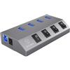 ICY BOX hub1405 4 Porte USB 3.0 Hub con Interruttore on/off per Port Include Adattatore di Alimentazione (5 V/4 A), Alluminio, Ricarica tandard BC 1.2 Antracite