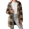 Generisch Cappotto in pile da donna con design a quadri, giacca lunga di peluche con cappuccio e chiusura lampo, morbido cappotto di orsacchiotto per l'inverno, Stil_g02 Marrone, XS