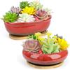 ARTKETTY Vasi per piante grasse, vasi in ceramica per piante grasse con vassoio di drenaggio in bambù, 1 vaso da fiori rettangolare + 1 vaso rotondo per cactus bonsai da interno (rosso)