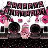 Obussgar Decorazione di compleanno rosa e nero - accessori per feste in rosa e nero, tra cui striscioni, piatti, decorazioni per torte, bicchieri, tovaglioli, palloncini, tovaglie, per 20 persone (LQ)