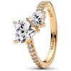 PANDORA Timeless Anello con doppio cuore scintillante placcato in oro 14 k con zirconia cubica trasparente, 48