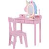 COSTWAY Toeletta Trucco con Luci per Bambini 3+ Anni, Specchiera ad Unicorno con Tavolino, Sgabello e Specchio Rimovibile, Postazione Trucco in Legno con Cassetti, Mensola e Scaffale (Rosa)