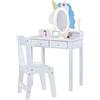 COSTWAY Toeletta Trucco con Luci per Bambini 3+ Anni, Specchiera ad Unicorno con Tavolino, Sgabello e Specchio Rimovibile, Postazione Trucco in Legno con Cassetti, Mensola e Scaffale (Bianco)