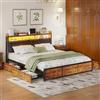 JDEFARF Letto Matrimoniale con Struttura in Ferro e Luci a LED 140x200 cm, Struttura con 4 Cassetti, in Pelle PU, Letto con Contenitore, Supporto a Doghe in Legno, Senza materasso, Nero