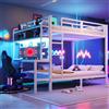 Wyibwy Letto a castello 140 x 200 cm con scrivania e vano contenitore, letto a castello gioco con illuminazione a LED e porta USB, letto per bambini con scaletta, struttura in ferro, Bianco