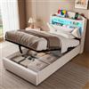 ZUUYEE Letto Singolo con Contenitore 90x200 cm, Letti Singoli con LED, USB e Type-C, Letto Contenitore Idraulico, Letto Bambini con Doghe, Beige Lino, Senza Materasso