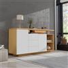 SACOOL Pannello laterale multifunzione 140 cm, bianco con rifinitura in legno - 2 ante, 3 cassetti, 2 scomparti aperti, con illuminazione a LED