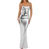 Generisch Abito da sera lungo da donna, effetto metallizzato scintillante, maxi abito aderente con spalline sottili | abito da festa glamour per occasioni speciali, Stil_d06 argento, S
