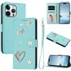 Ymyhyuxi Custodia a portafoglio per Samsung Galaxy M53 5G, in pelle con perla cuore e fiore, slot per carte e tasca per foto, chiusura magnetica con cinturino da polso menta.