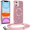 Phoona Glitter Cover per iphone 11 6,1" con Cordino, Antiurto Silicone Protezione, Compatibile con MagSafe Cover con Cordino, Anti Graffi, Non Ingiallente, Rosa