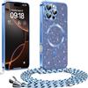 Phoona Glitter Cover per iPhone 16 Pro con Cordino, Antiurto Silicone Protezione, Compatibile con MagSafe Cover con Cordino, Anti Graffi, Non Ingiallente, Blu