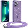 Phoona Glitter Cover per iPhone 13 Pro Max 6,7" con Cordino, Antiurto Silicone Protezione, Compatibile con MagSafe Cover con Cordino, Anti Graffi, Non Ingiallente, Viola