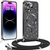 Phoona Glitter Cover per iPhone 14 Pro 6,1" con Cordino, Antiurto Silicone Protezione, compatibile con Morbido TPU Silicone Cover con Cordino, Anti Graffi, Non Ingiallente, Nero