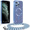 Phoona Glitter Cover per iPhone 11 Pro Max 6,5" con Cordino, Antiurto Silicone Protezione, Compatibile con MagSafe Cover con Cordino, Anti Graffi, Non Ingiallente, Blu