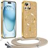 Phoona Glitter Cover per iPhone 15 plus 6,7" con Cordino, Antiurto Silicone Protezione, compatibile con Morbido TPU Silicone Cover con Cordino, Anti Graffi, Non Ingiallente, Oro