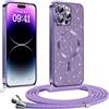 Phoona Glitter Cover per iPhone 14 Pro 6,1" con Cordino, Antiurto Silicone Protezione, compatibile con Morbido TPU Silicone Cover con Cordino, Anti Graffi, Non Ingiallente, Viola