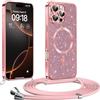 Phoona Glitter Cover per iPhone 16 Pro Max con Cordino, Antiurto Silicone Protezione, Compatibile con MagSafe Cover con Cordino, Anti Graffi, Non Ingiallente, Rosa