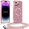Phoona Glitter Cover per iPhone 14 Pro 6,1" con Cordino, Antiurto Silicone Protezione, compatibile con Morbido TPU Silicone Cover con Cordino, Anti Graffi, Non Ingiallente, Rosa
