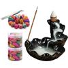 Guador Bruciatore di Incenso a Flusso Inverso Realizzato a Mano Ceramica Forma Foglia Loto Incensiere con 80 pcs Misti Naturali Incenso Cono Riflusso e 1 pcs Pinzette per Decorazione Yoga（Nero）