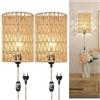 YNDD 2 pezzi Applique da Parete Rattan E27, Lampada da Muro Boho con Interruttore e Spina Filo, Lampade da Murale Rustico Corda Canapa Luce da Parete per Camera da Letto Corridoio(Lampadina non Inclusa)