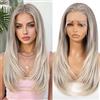 Allbell Parrucca Allbell 13x6 grigia con highlights, lace front per donne, lunga 22 pollici, diritta e a strati. Parrucca sintetica HD senza colla, ideale per uso quotidiano e feste