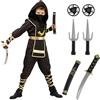 Kitimi Costume da ninja per bambini, nero, oro, 14 pezzi, costume da carnevale ninja per bambini, set con accessori ninja, spada in plastica, costume da ninja samurai per ragazzi e ragazze, cosplay,