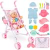 deAO Bambola Bebé e Passeggino Playset, Bambolotti Bambole e Accessori con Baby Dolls, Dolls Carrozzina, 2 Vestiti per Bambole, Funzione per Bere e Bagnare, Set da Gioco per Bambole per Bambini 3 +