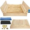 KOTARBAU® Sabbiera per Bambini con Coperchio - Legno di Pino - 140 x 140cm - Naturale - Sabbiera da Giardino per Bambini - con Panche Pieghevoli e Telo Antierba