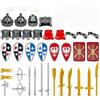TRavesty Kit di armi per minifigure, cavalieri medievali, kit di accessori include casco, armatura, scudo, mantello, bardatura, cavalli, compatibile con grandi marche