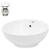 LuxeBath Lavabo per Bagno d' Appoggio Ø 455 x 185 mm in Ceramica Bianca incl. Piletta Set di Scarico 1 1/4'' per Lavandini con Troppopieno Lavello Rotondo Lavamani Sanitari Design Moderno