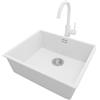 PRIMAGRAN Lavandino sottotop Bianco 56x47cm, Lavello in Granito a 1 vasca + Rubinetto 32x20cm + Sifone Classico, Lavabo da Cucina al Mobile 60cm - London S309