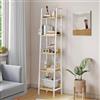 YITAHOME Libreria sottile con 5 ripiani, larghezza 35 cm, scala industriale, scaffalatura in legno e struttura in metallo, moderna mensola per soggiorno, bianco e rovere