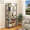 YITAHOME Libreria a 5 ripiani, alta e stretta, scaffale sottile in legno con telaio in acciaio stabile, cassettiera industriale con 4 ganci per soggiorno, casa e ufficio, colore rovere