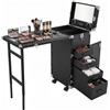 PromiseFly Valigetta per trucco professionale con ruote con tavolo pieghevole e 5 cassetti, custodia per trucco con specchi e altoparlanti Bluetooth, grande custodia per parrucchiere, tavolo per manicure, Nero