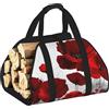 DUWAA Cesto in legno con stampa di papaveri rossi con manico, grande portalegna, per caminetto, resistente all'usura, borsa da picnic